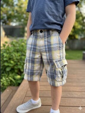 Crazy 8 Boys Plaid Cargo Shorts Size 5 Blue Yellow Gray Gorpcore Casual